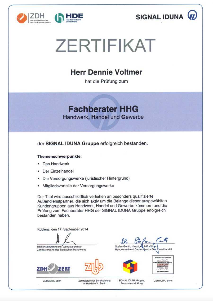 Zertifikat Fachberater HHG – Handwerk, Handel und Gewerbe (ZDH, HDE, SIGNAL IDUNA)